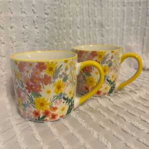 Floral Yellow Handle Mugs Set of 2